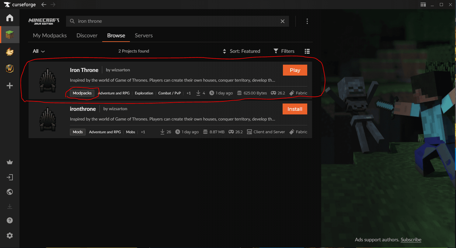 CurseForge app showing the Iron Throne modpack search result