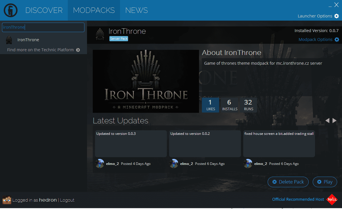 Technic Launcher showing the IronThrone modpack page
